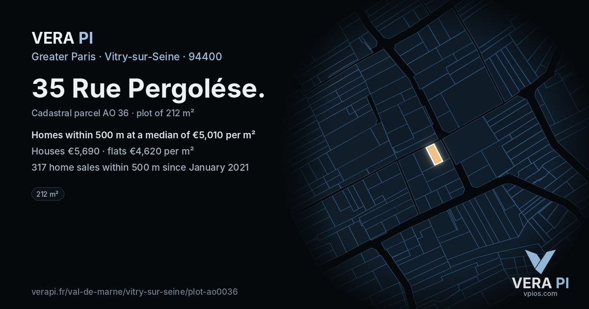 35 Rue Pergolése, Vitry-sur-Seine at night – the plot lit, the parcels around coloured by the prices near them