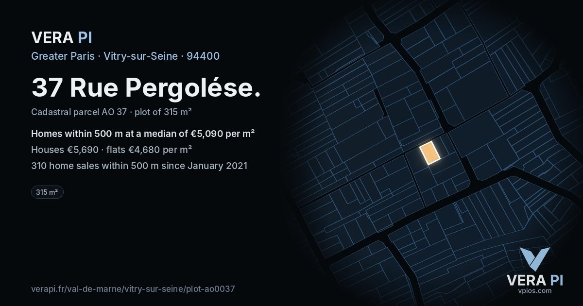 37 Rue Pergolése, Vitry-sur-Seine at night – the plot lit, the parcels around coloured by the prices near them