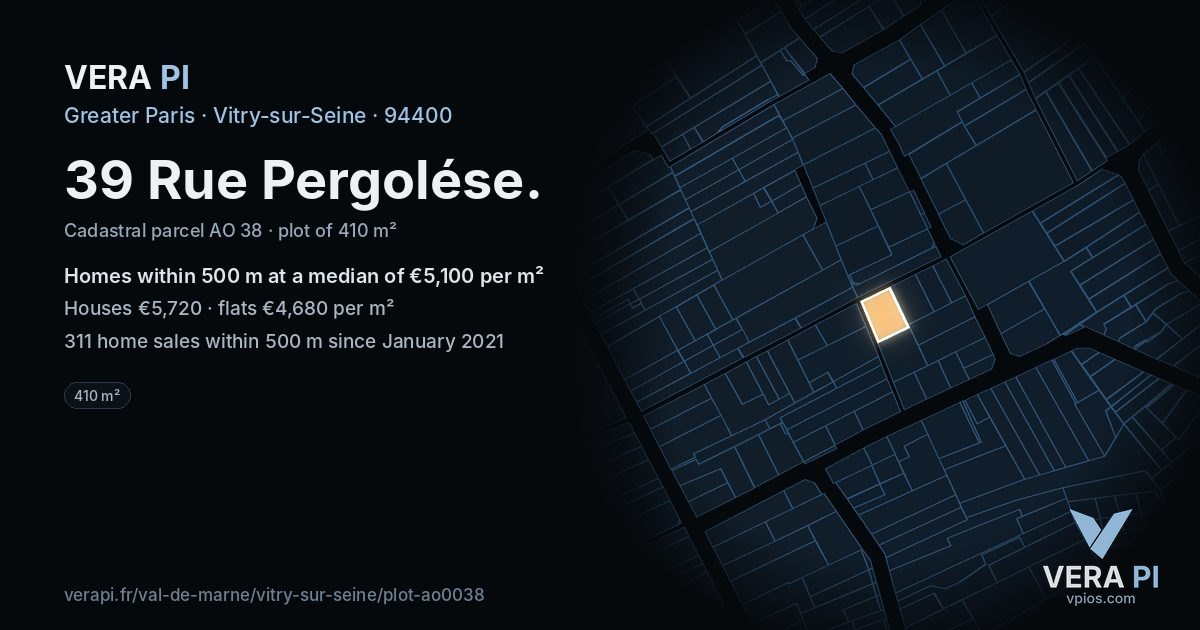 39 Rue Pergolése, Vitry-sur-Seine at night – the plot lit, the parcels around coloured by the prices near them