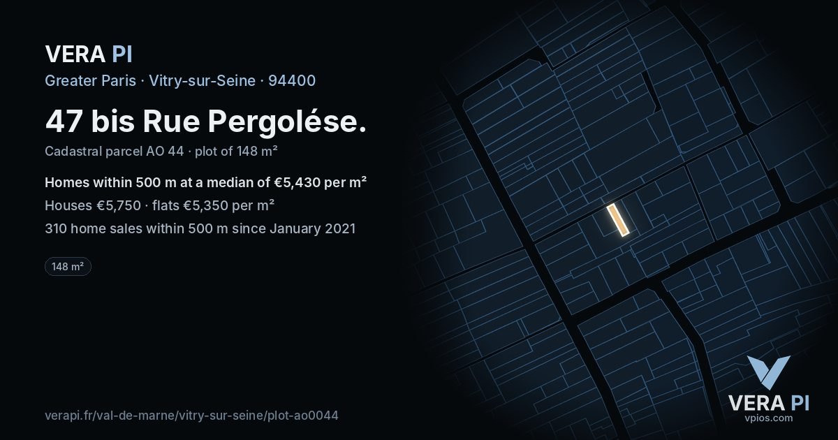47 bis Rue Pergolése, Vitry-sur-Seine at night – the plot lit, the parcels around coloured by the prices near them
