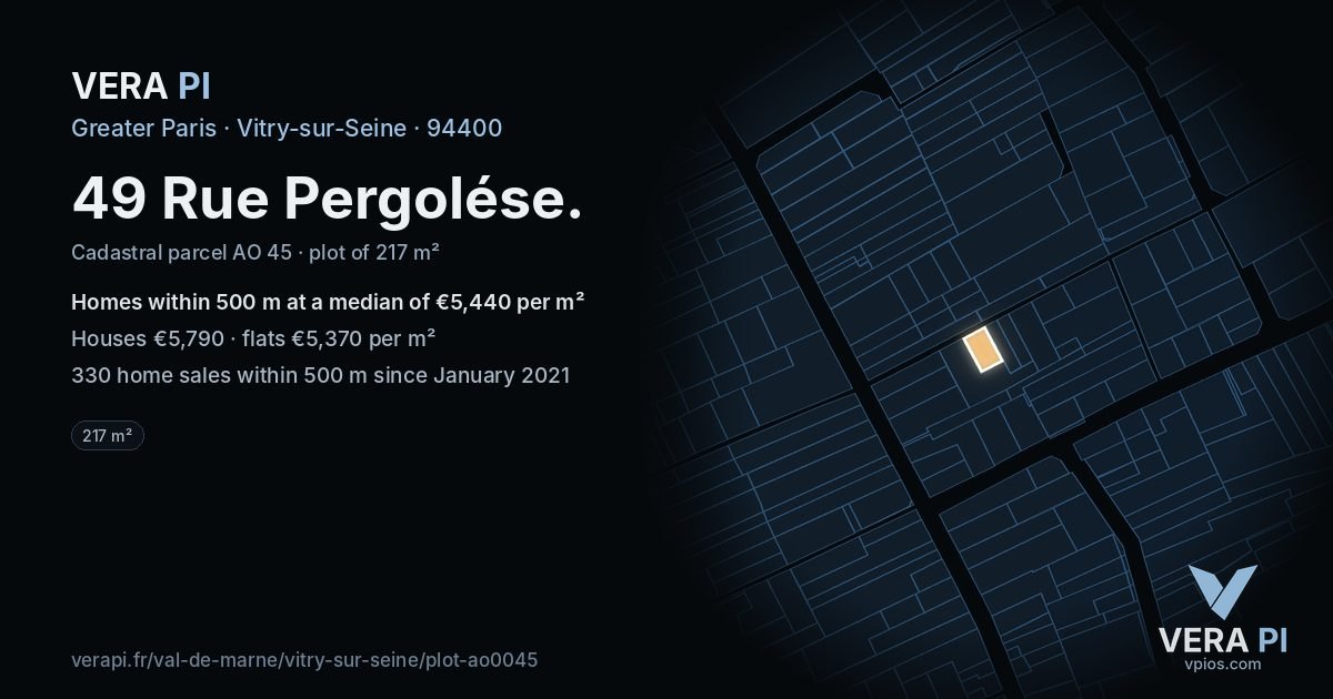 49 Rue Pergolése, Vitry-sur-Seine at night – the plot lit, the parcels around coloured by the prices near them