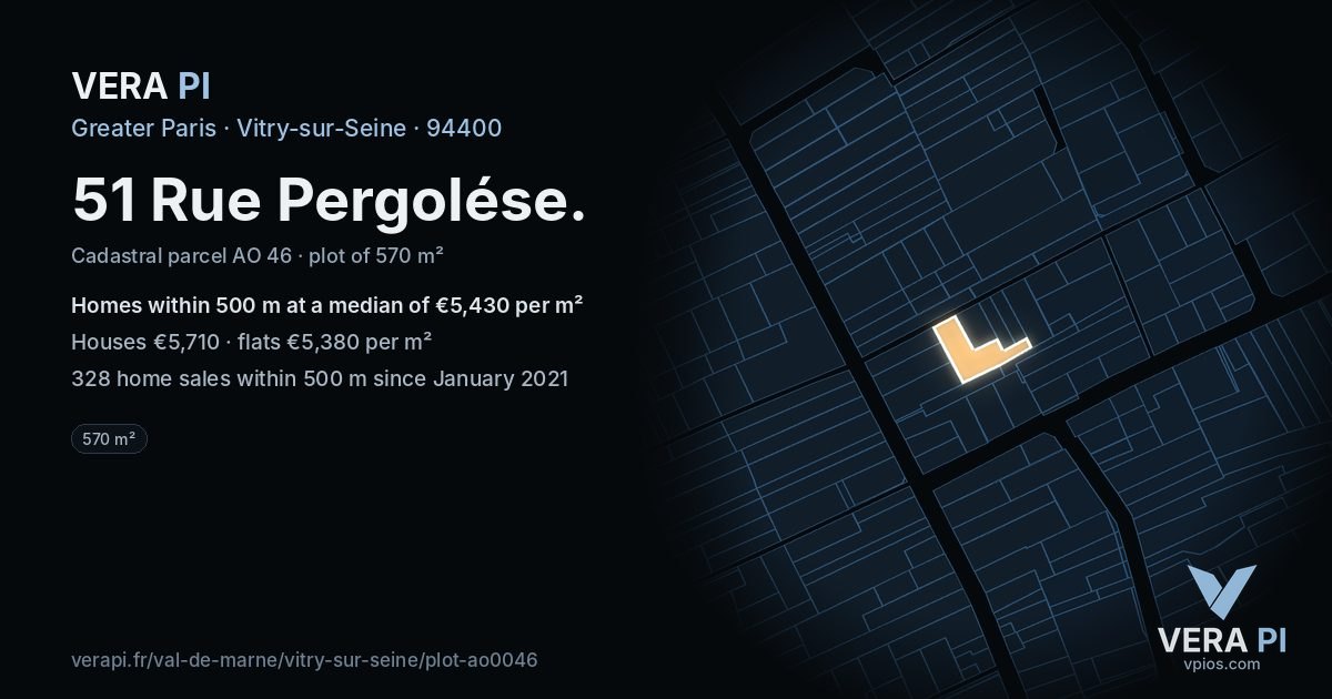 51 Rue Pergolése, Vitry-sur-Seine at night – the plot lit, the parcels around coloured by the prices near them
