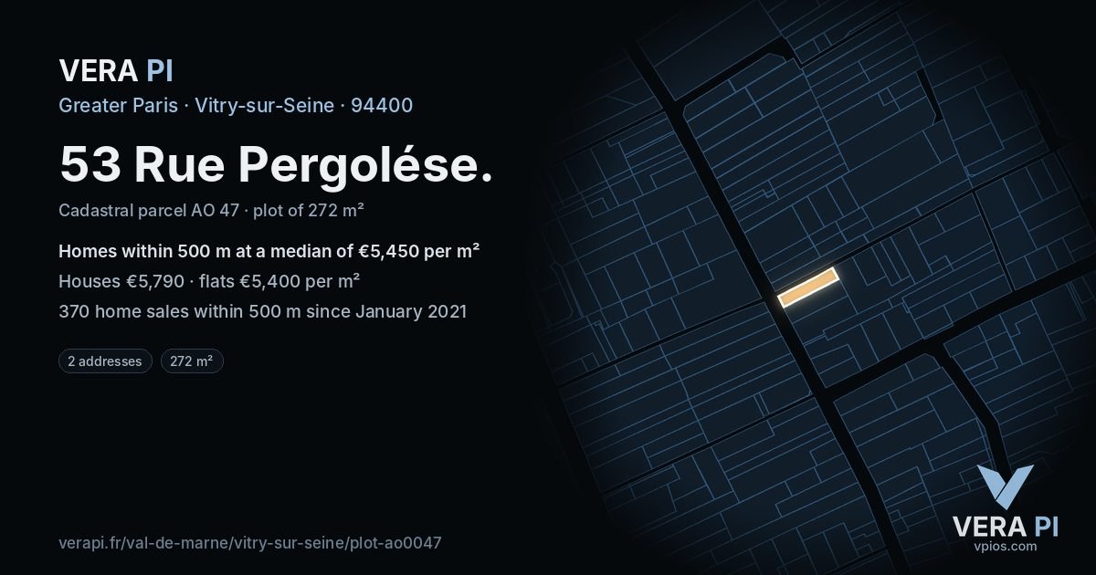 53 Rue Pergolése, Vitry-sur-Seine at night – the plot lit, the parcels around coloured by the prices near them