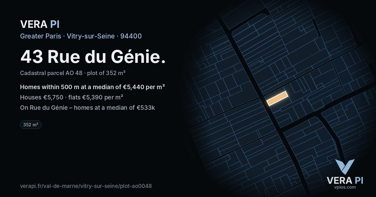 43 Rue du Génie, Vitry-sur-Seine at night – the plot lit, the parcels around coloured by the prices near them