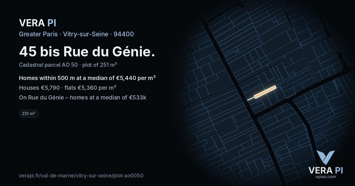 45 bis Rue du Génie, Vitry-sur-Seine at night – the plot lit, the parcels around coloured by the prices near them
