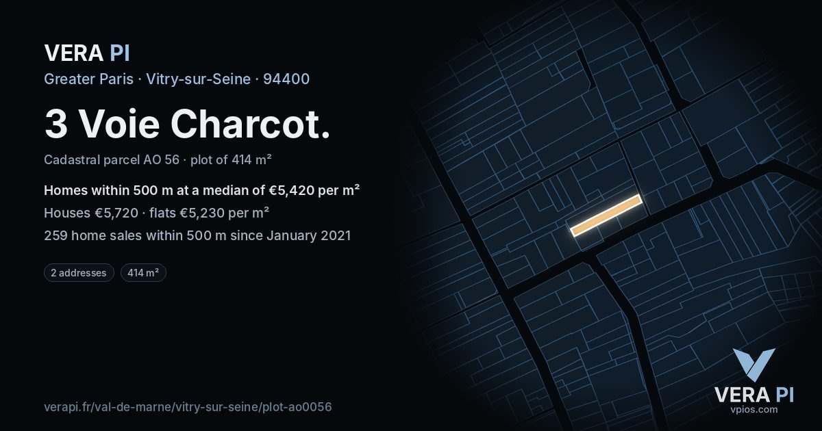 3 Voie Charcot, Vitry-sur-Seine at night – the plot lit, the parcels around coloured by the prices near them