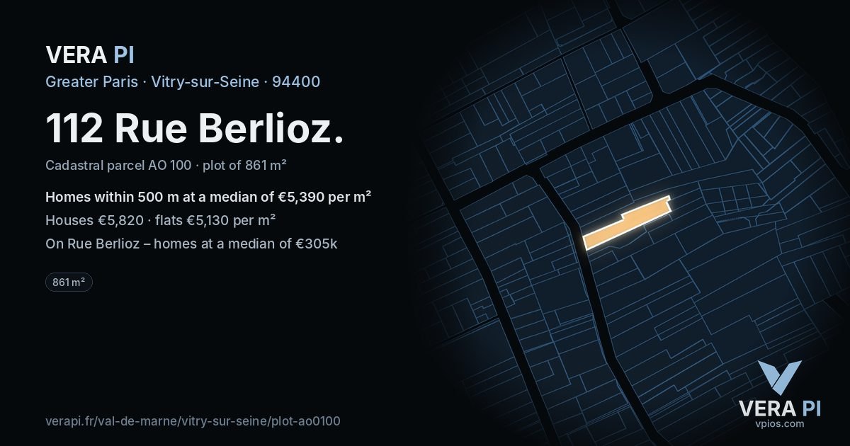 112 Rue Berlioz, Vitry-sur-Seine at night – the plot lit, the parcels around coloured by the prices near them