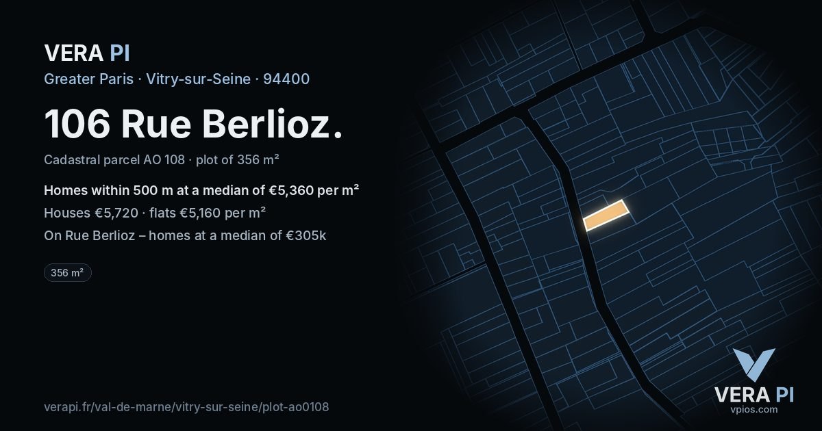 106 Rue Berlioz, Vitry-sur-Seine at night – the plot lit, the parcels around coloured by the prices near them