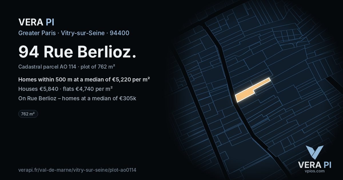 94 Rue Berlioz, Vitry-sur-Seine at night – the plot lit, the parcels around coloured by the prices near them