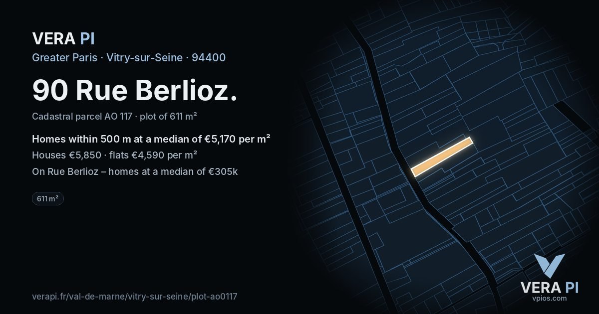 90 Rue Berlioz, Vitry-sur-Seine at night – the plot lit, the parcels around coloured by the prices near them