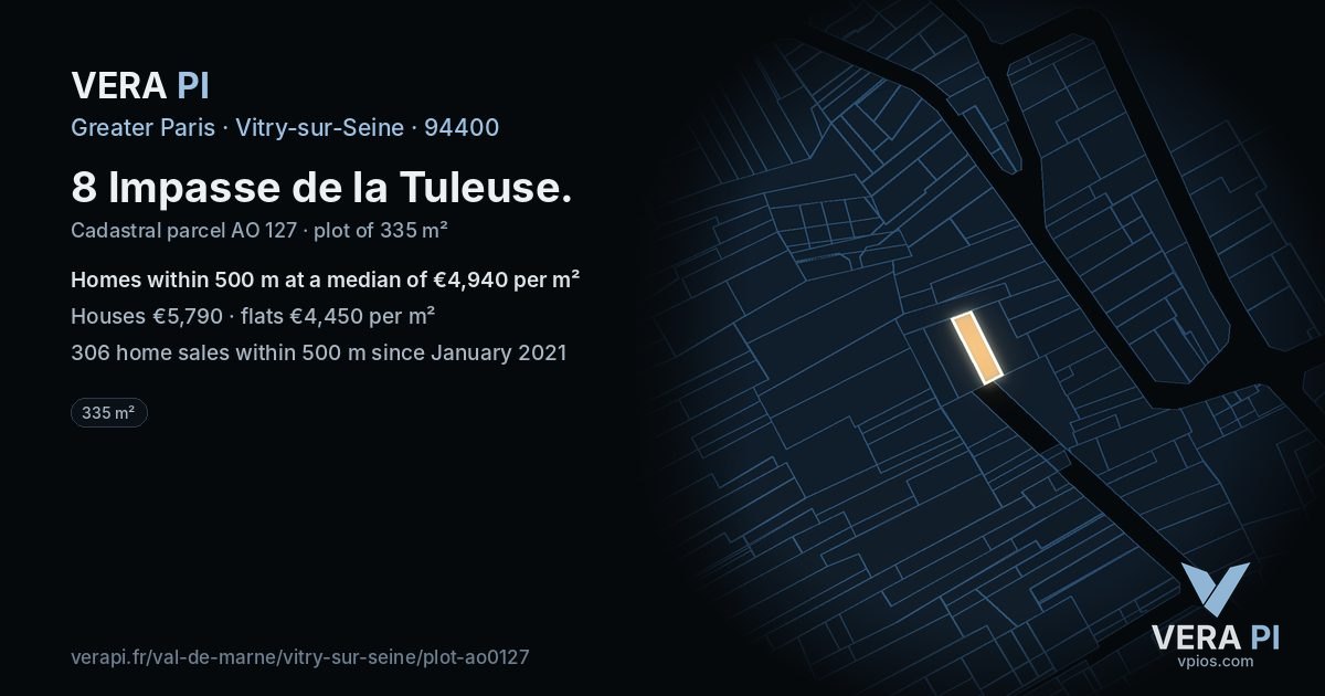 8 Impasse de la Tuleuse, Vitry-sur-Seine at night – the plot lit, the parcels around coloured by the prices near them