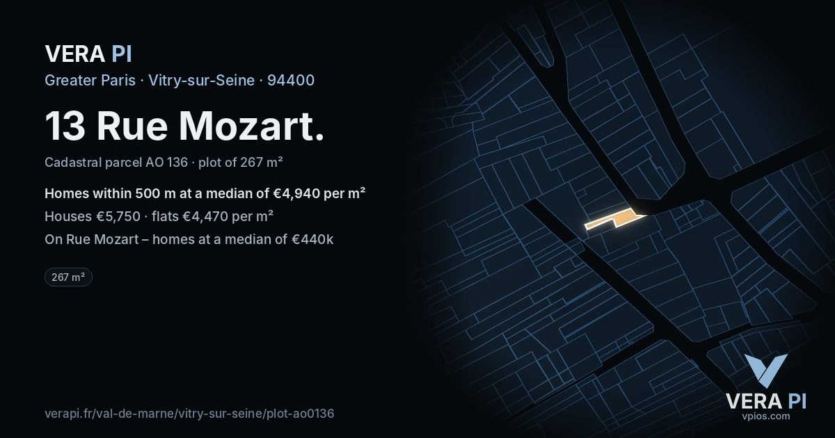 13 Rue Mozart, Vitry-sur-Seine at night – the plot lit, the parcels around coloured by the prices near them