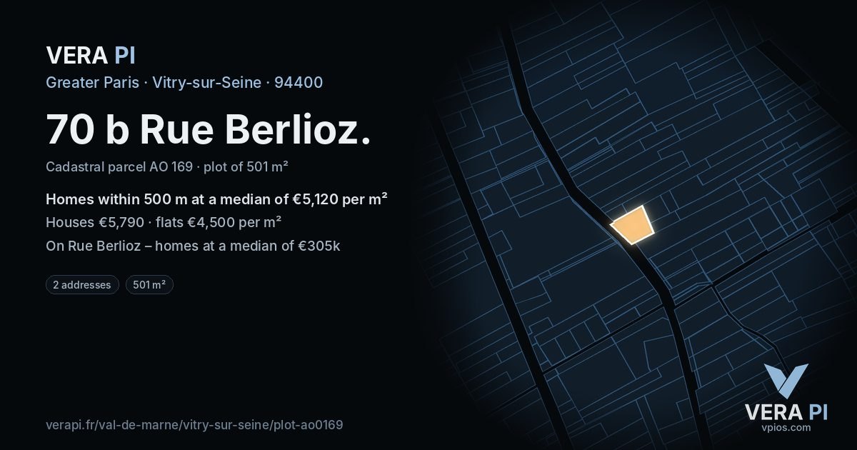 70 b Rue Berlioz, Vitry-sur-Seine at night – the plot lit, the parcels around coloured by the prices near them