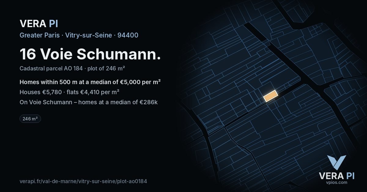 16 Voie Schumann, Vitry-sur-Seine at night – the plot lit, the parcels around coloured by the prices near them