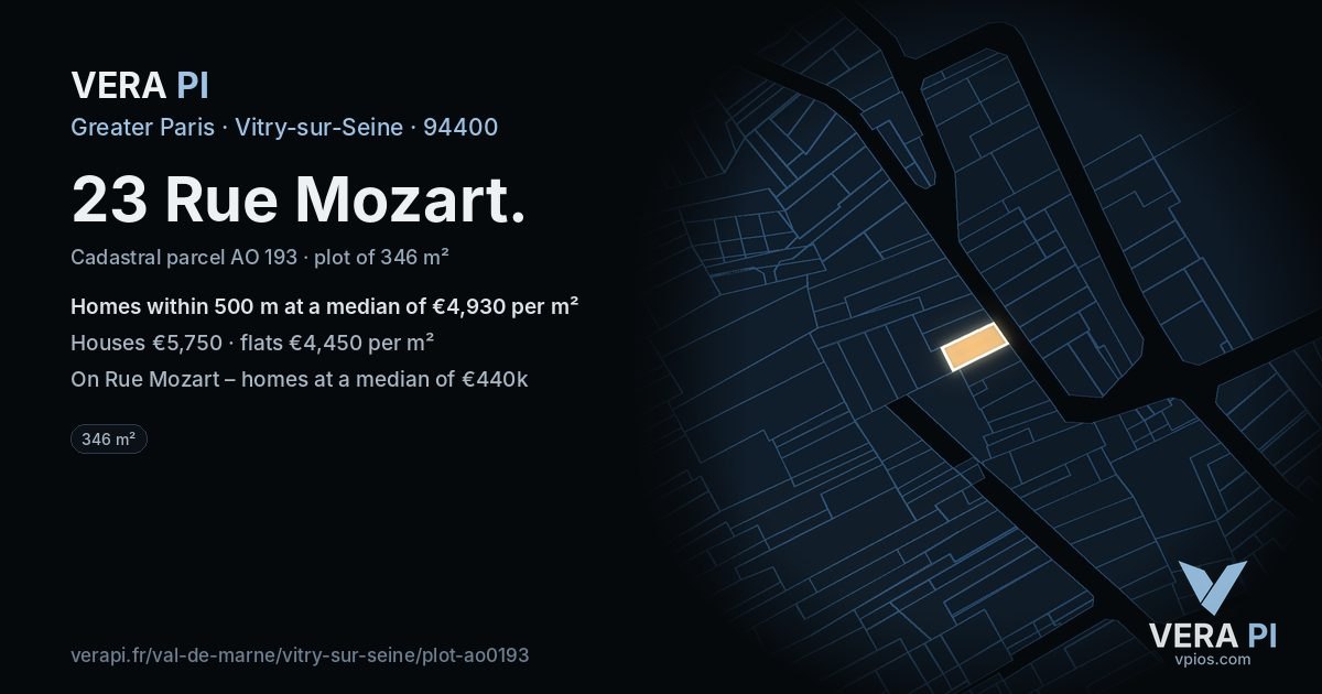 23 Rue Mozart, Vitry-sur-Seine at night – the plot lit, the parcels around coloured by the prices near them