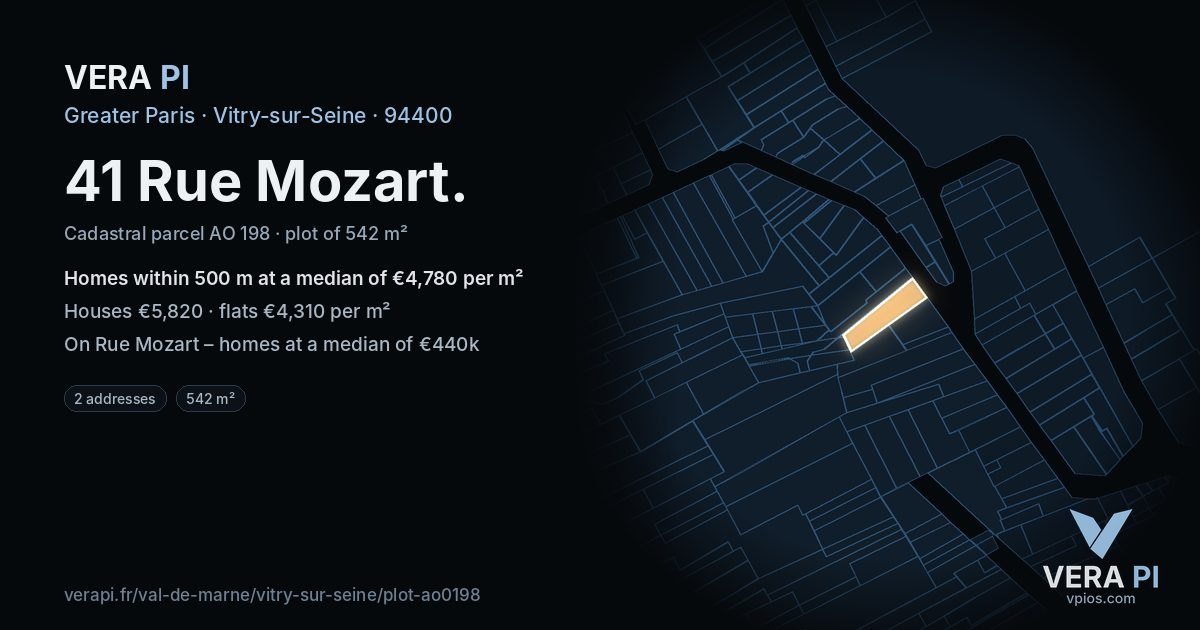 41 Rue Mozart, Vitry-sur-Seine at night – the plot lit, the parcels around coloured by the prices near them