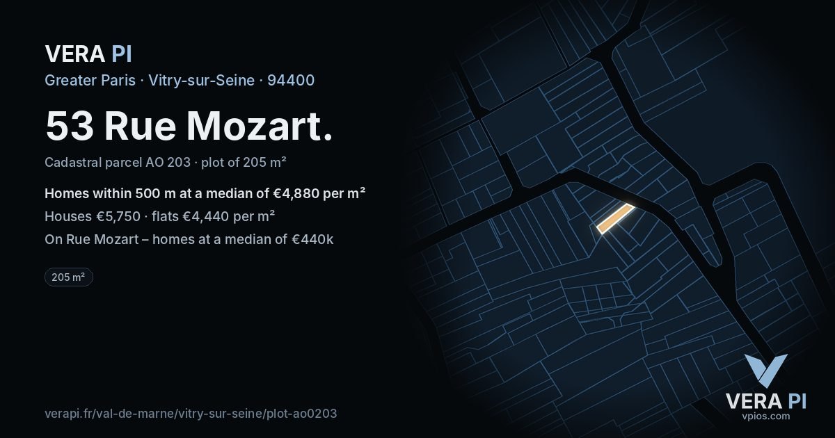 53 Rue Mozart, Vitry-sur-Seine at night – the plot lit, the parcels around coloured by the prices near them