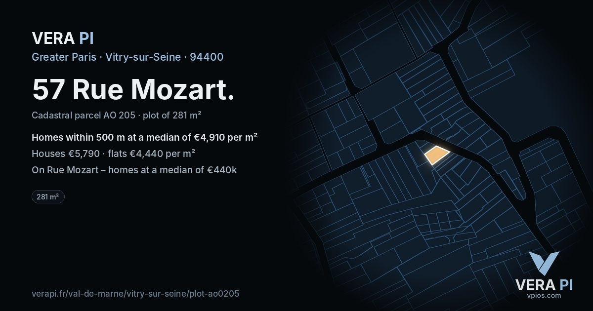 57 Rue Mozart, Vitry-sur-Seine at night – the plot lit, the parcels around coloured by the prices near them