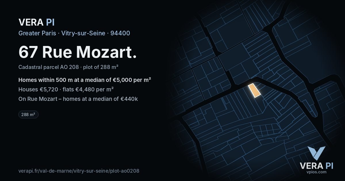 67 Rue Mozart, Vitry-sur-Seine at night – the plot lit, the parcels around coloured by the prices near them