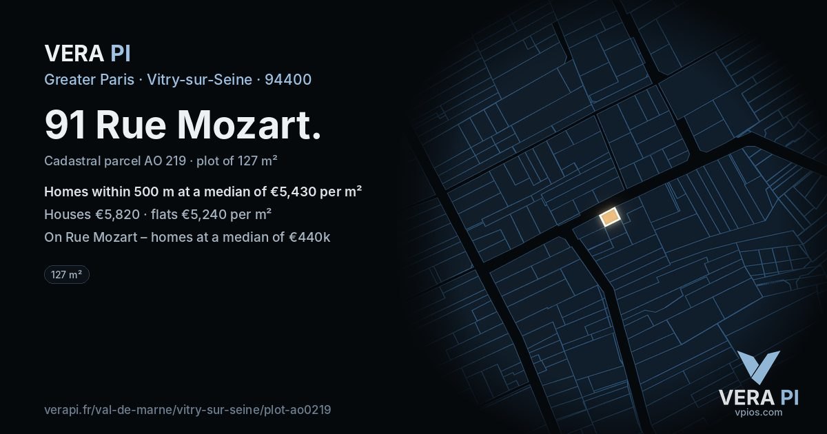 91 Rue Mozart, Vitry-sur-Seine at night – the plot lit, the parcels around coloured by the prices near them
