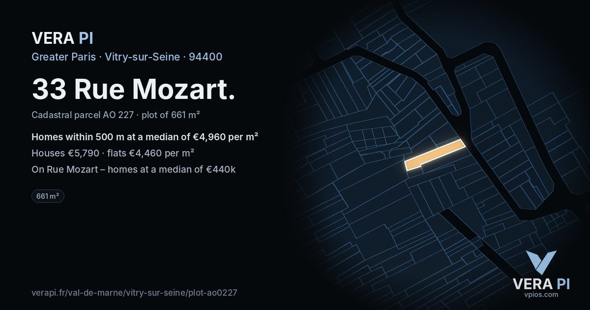 33 Rue Mozart, Vitry-sur-Seine at night – the plot lit, the parcels around coloured by the prices near them