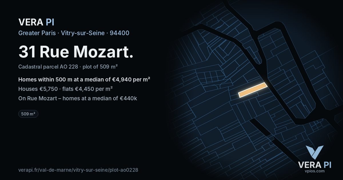 31 Rue Mozart, Vitry-sur-Seine at night – the plot lit, the parcels around coloured by the prices near them