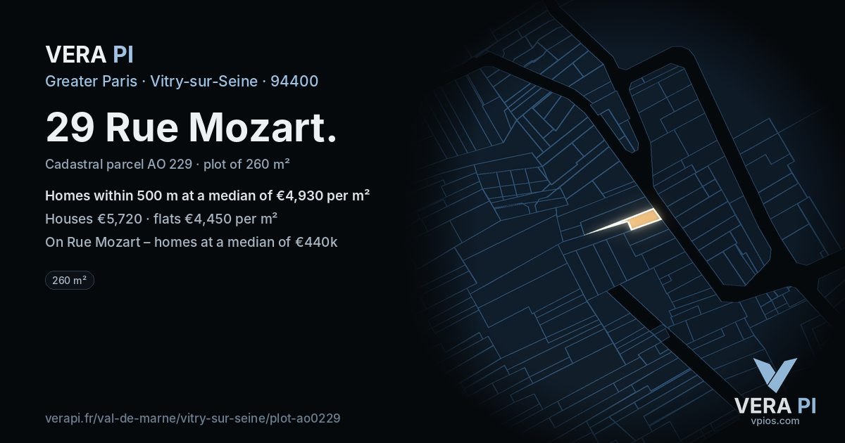 29 Rue Mozart, Vitry-sur-Seine at night – the plot lit, the parcels around coloured by the prices near them