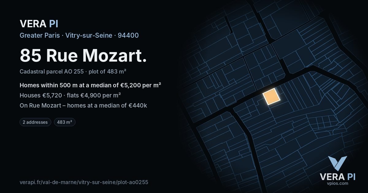 85 Rue Mozart, Vitry-sur-Seine at night – the plot lit, the parcels around coloured by the prices near them