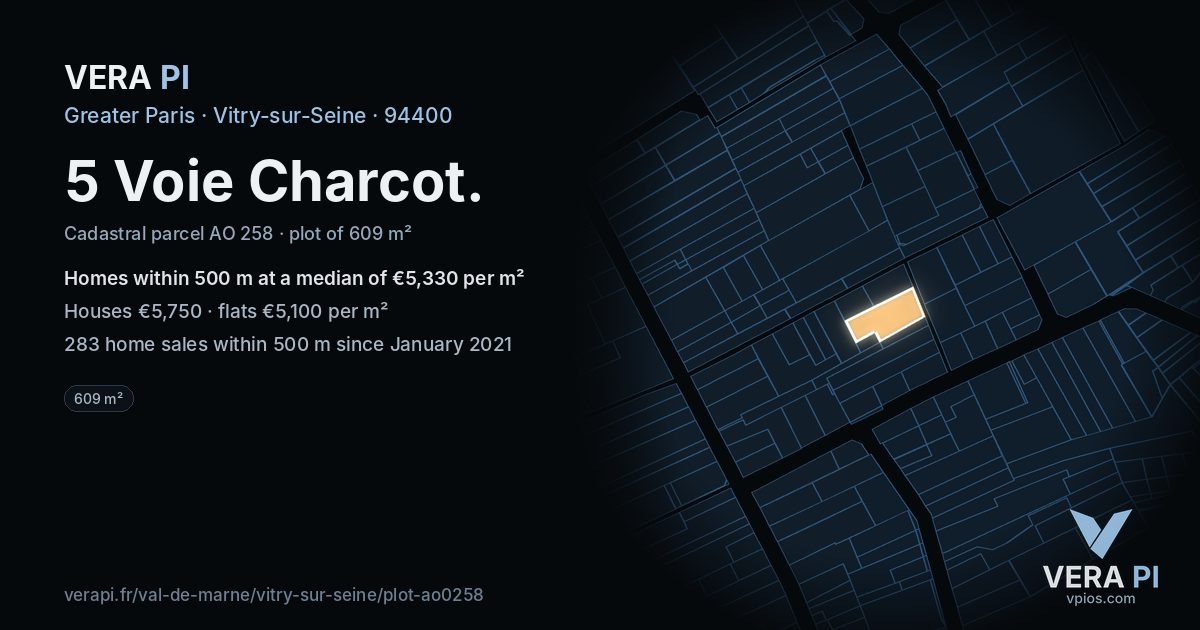 5 Voie Charcot, Vitry-sur-Seine at night – the plot lit, the parcels around coloured by the prices near them