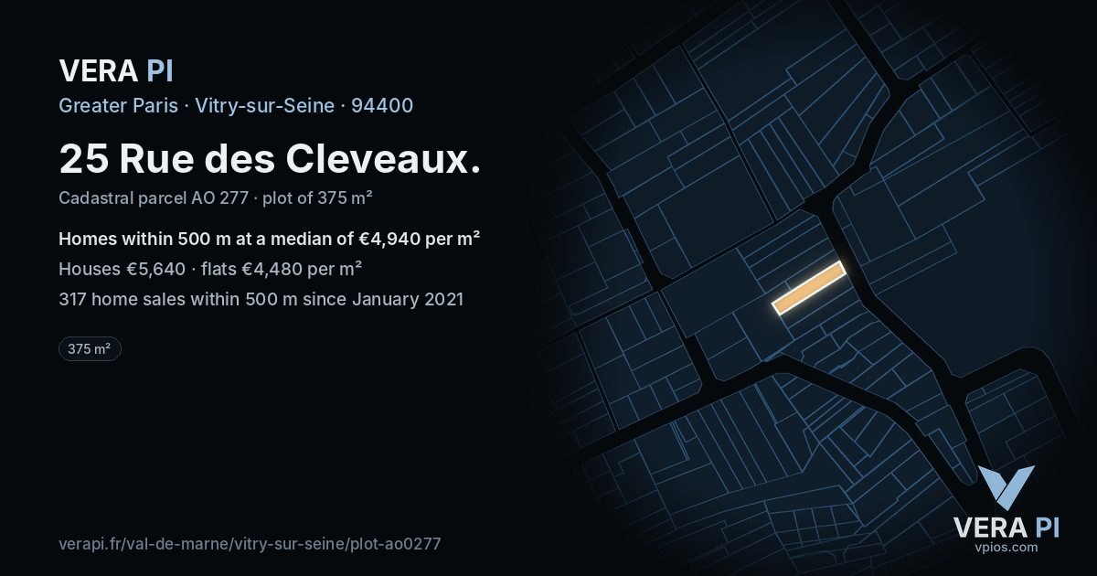 25 Rue des Cleveaux, Vitry-sur-Seine at night – the plot lit, the parcels around coloured by the prices near them