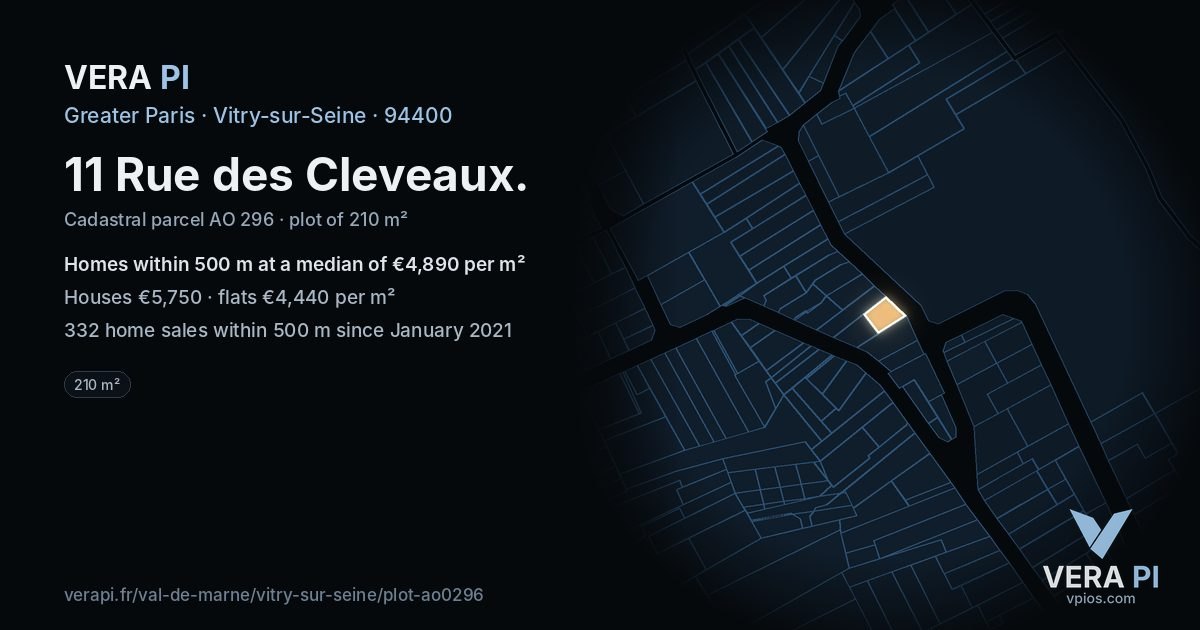 11 Rue des Cleveaux, Vitry-sur-Seine at night – the plot lit, the parcels around coloured by the prices near them