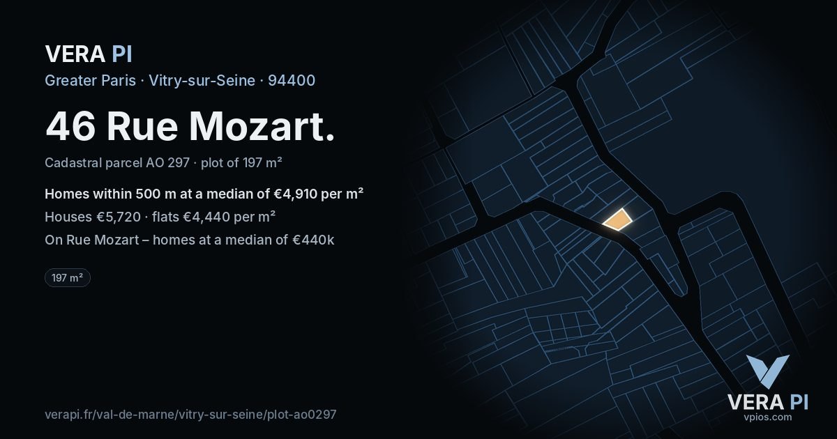 46 Rue Mozart, Vitry-sur-Seine at night – the plot lit, the parcels around coloured by the prices near them