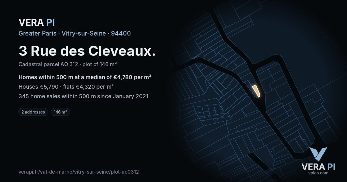 3 Rue des Cleveaux, Vitry-sur-Seine at night – the plot lit, the parcels around coloured by the prices near them