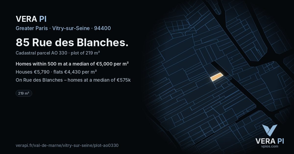 85 Rue des Blanches, Vitry-sur-Seine at night – the plot lit, the parcels around coloured by the prices near them