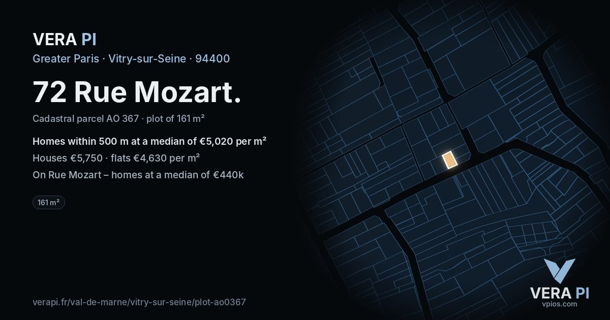 72 Rue Mozart, Vitry-sur-Seine at night – the plot lit, the parcels around coloured by the prices near them