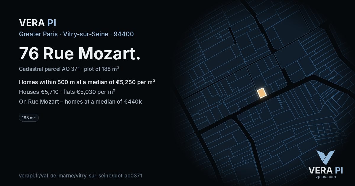 76 Rue Mozart, Vitry-sur-Seine at night – the plot lit, the parcels around coloured by the prices near them