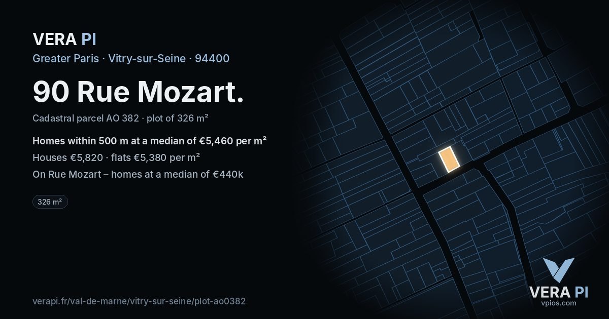 90 Rue Mozart, Vitry-sur-Seine at night – the plot lit, the parcels around coloured by the prices near them