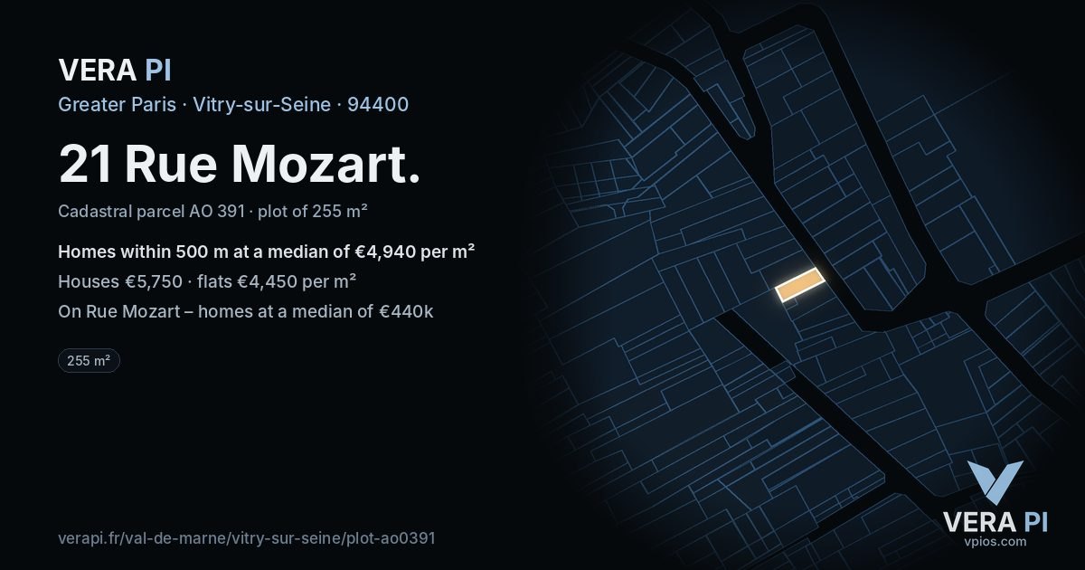 21 Rue Mozart, Vitry-sur-Seine at night – the plot lit, the parcels around coloured by the prices near them