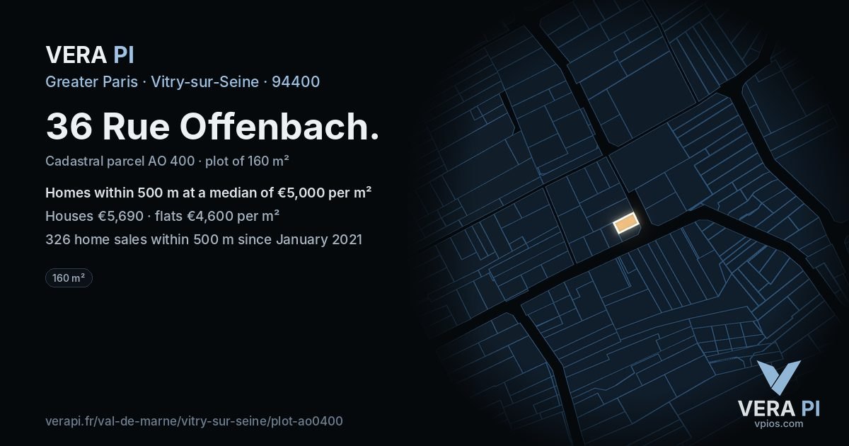 36 Rue Offenbach, Vitry-sur-Seine at night – the plot lit, the parcels around coloured by the prices near them