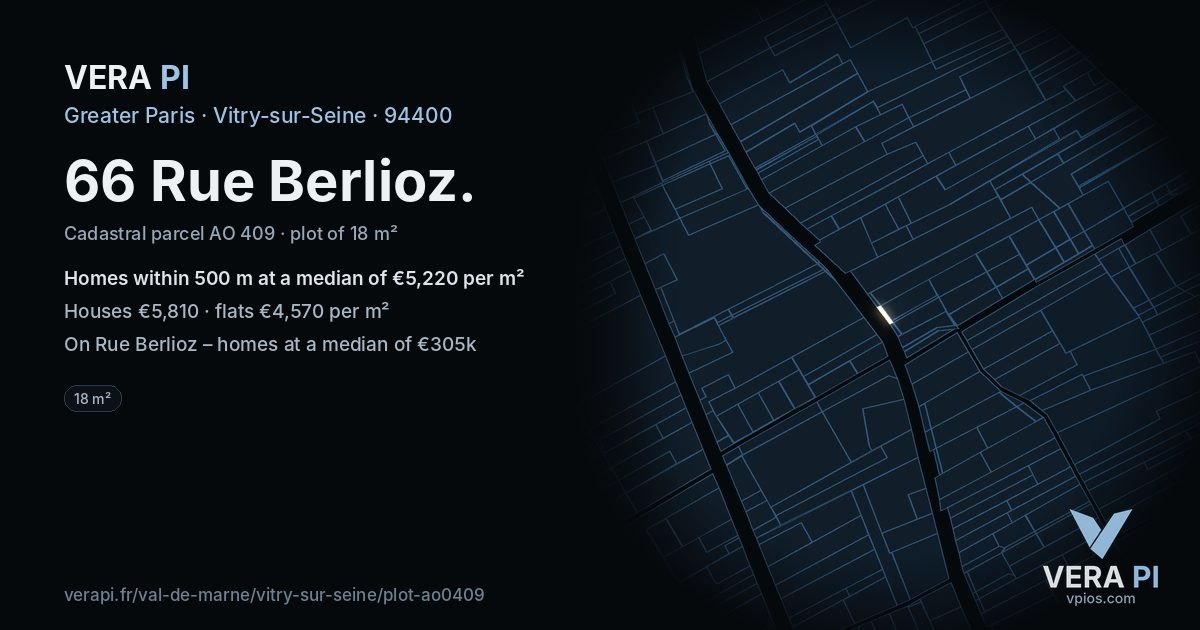 66 Rue Berlioz, Vitry-sur-Seine at night – the plot lit, the parcels around coloured by the prices near them