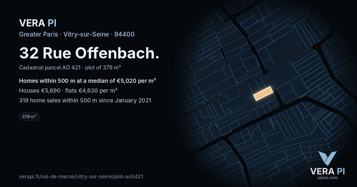 32 Rue Offenbach, Vitry-sur-Seine at night – the plot lit, the parcels around coloured by the prices near them