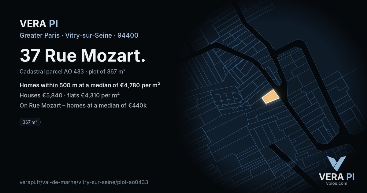 37 Rue Mozart, Vitry-sur-Seine at night – the plot lit, the parcels around coloured by the prices near them