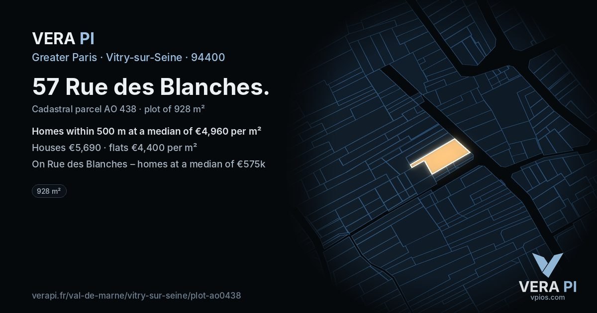 57 Rue des Blanches, Vitry-sur-Seine at night – the plot lit, the parcels around coloured by the prices near them