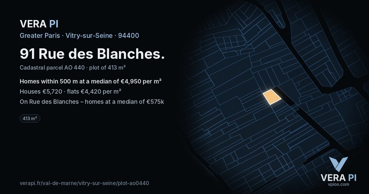 91 Rue des Blanches, Vitry-sur-Seine at night – the plot lit, the parcels around coloured by the prices near them