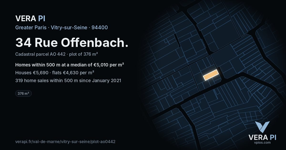 34 Rue Offenbach, Vitry-sur-Seine at night – the plot lit, the parcels around coloured by the prices near them