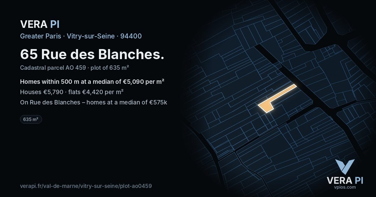 65 Rue des Blanches, Vitry-sur-Seine at night – the plot lit, the parcels around coloured by the prices near them