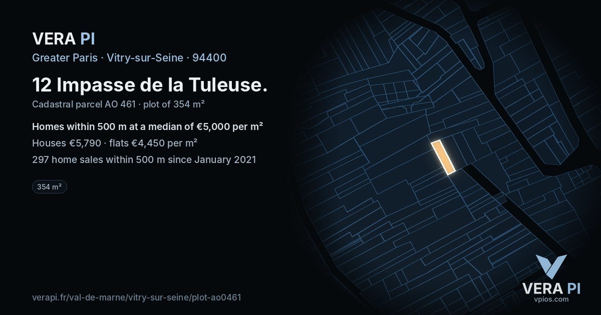 12 Impasse de la Tuleuse, Vitry-sur-Seine at night – the plot lit, the parcels around coloured by the prices near them
