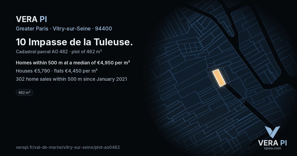 10 Impasse de la Tuleuse, Vitry-sur-Seine at night – the plot lit, the parcels around coloured by the prices near them