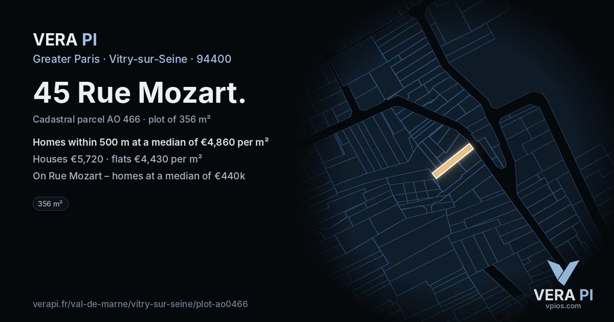 45 Rue Mozart, Vitry-sur-Seine at night – the plot lit, the parcels around coloured by the prices near them