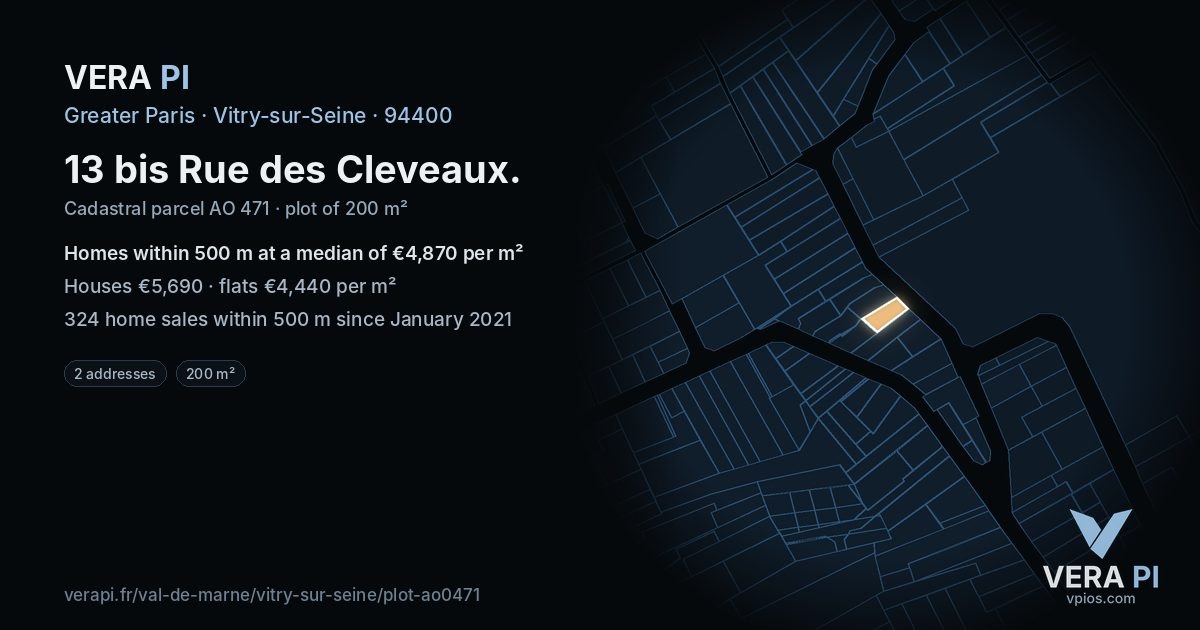 13 bis Rue des Cleveaux, Vitry-sur-Seine at night – the plot lit, the parcels around coloured by the prices near them